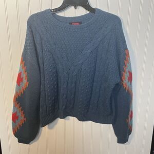 Rock & Roll Denim Women’s Long Sleeve Knit Teal Sweater Aztec Design Sleeves XL